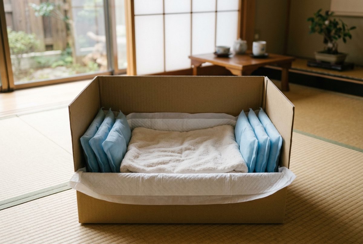 箱の両脇に保冷剤を置いた状態｜箱や棺に納めた場合の冷やし方