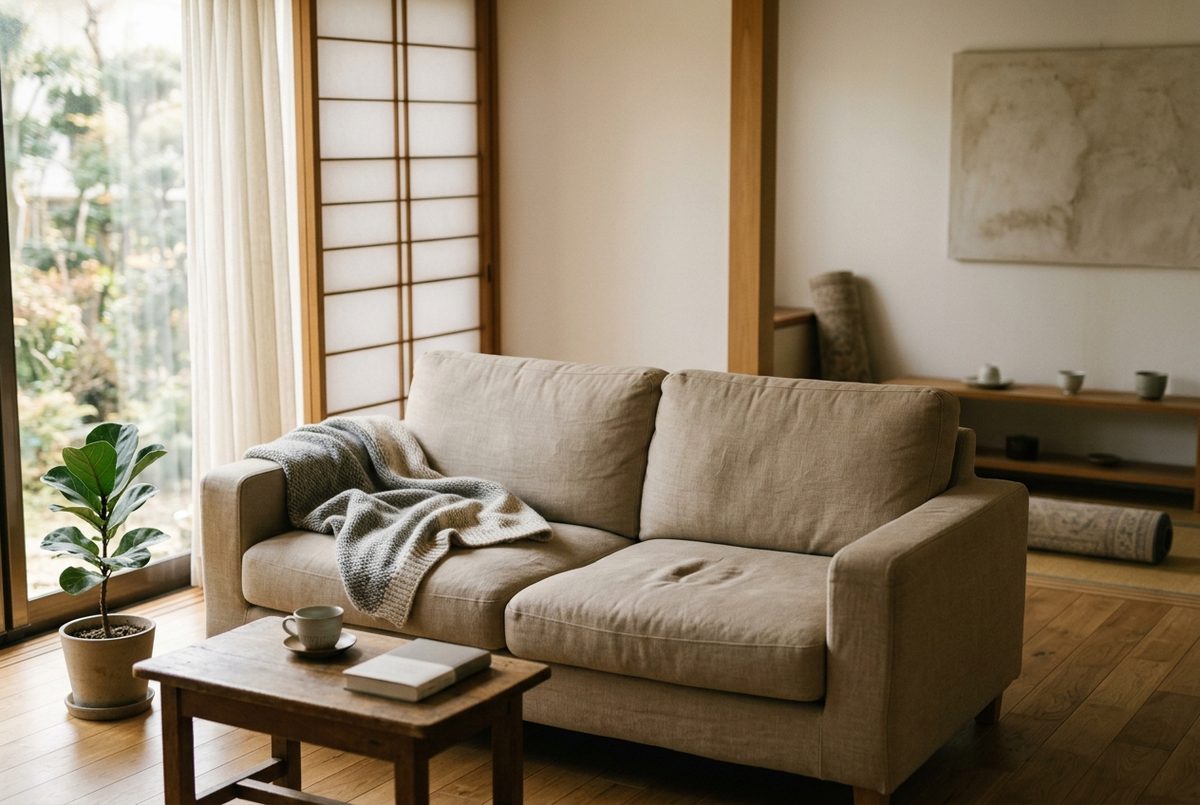 くぼみの残ったソファと猫用ブランケット｜そばにいる気がする感覚