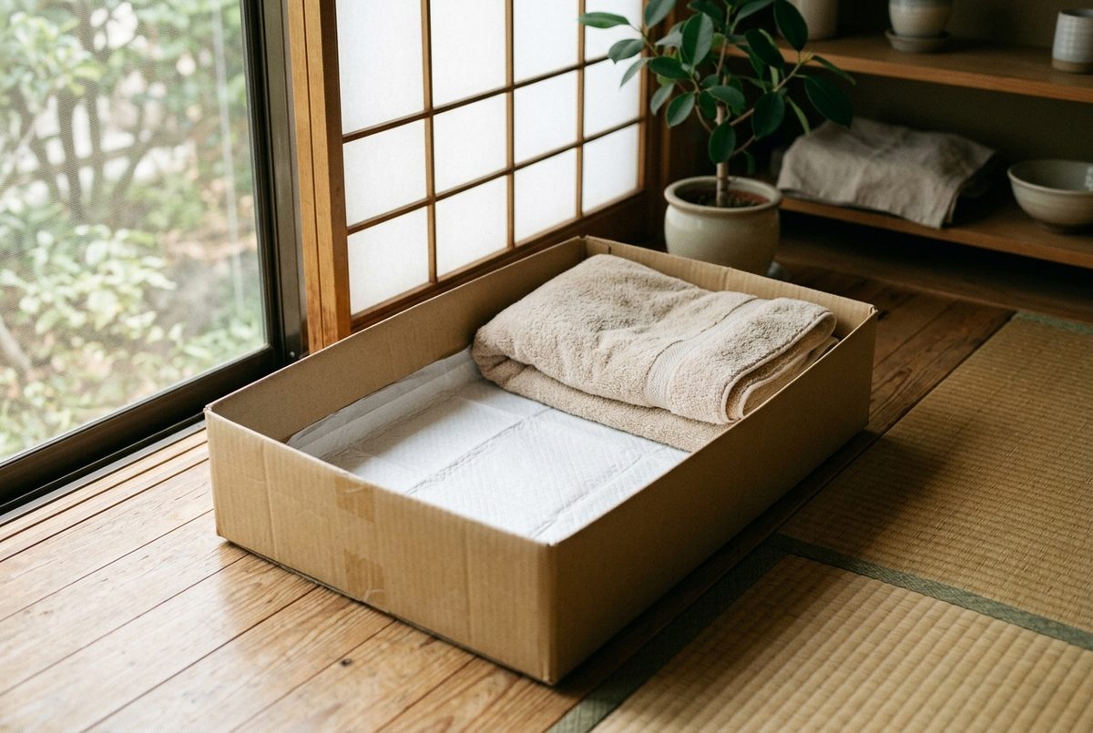 頭側にタオルを厚く敷いた寝床｜触れることをためらわなくていい