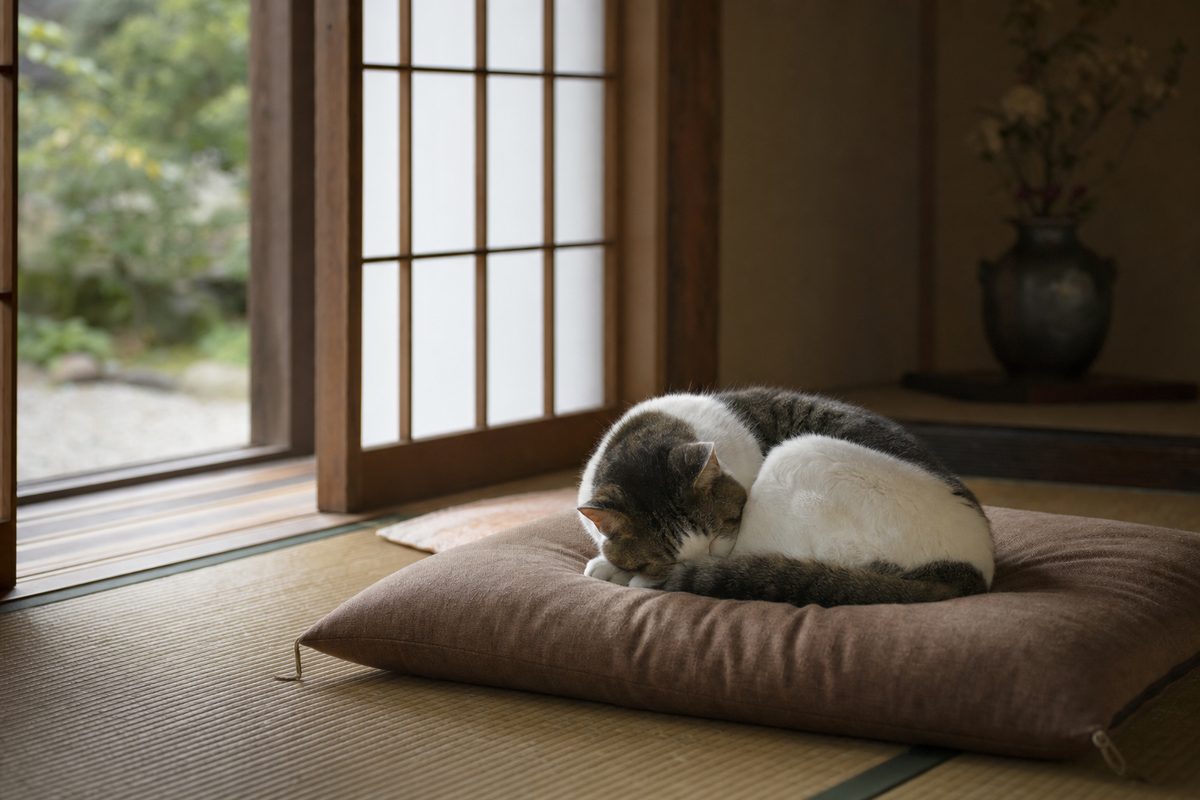 和室の窓辺で丸くなって眠る猫｜火葬までご自宅で安置する時間