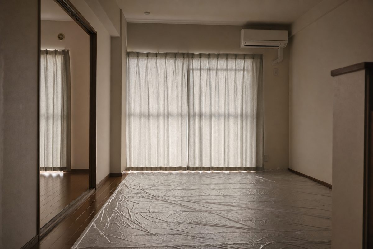 エアコンのある部屋の床にビニールシートを敷いた様子｜マンションでの安置