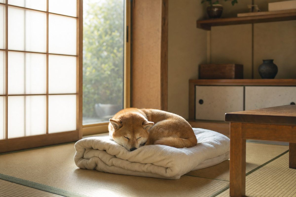 静かな和室で眠る犬｜ペットのご遺体を安置する部屋の雰囲気