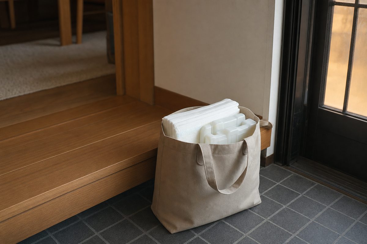 買い足したペットシーツと保冷剤を玄関に置いたところ